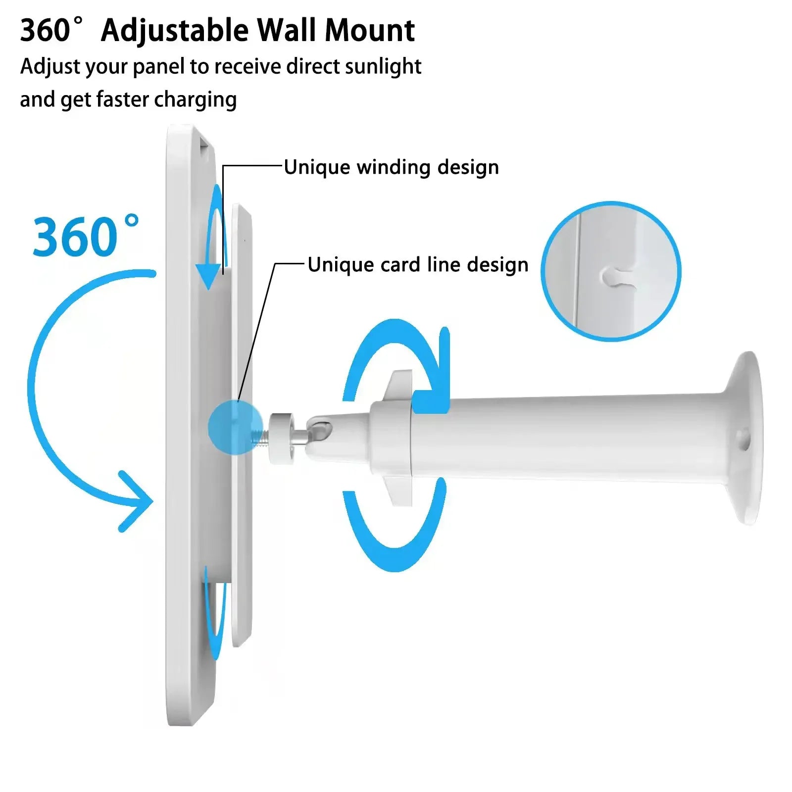 Solar Panel, Unique winding design for adjustable wall mount optimizes solar panel placement for fast charging and direct sunlight.