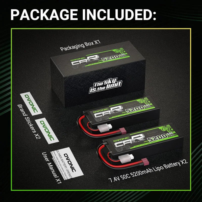 OVONIC 2S Lipo Battery 7.4V 5200mAh 50C, Hard Case, Deans T Plug for RC Cars Trucks Boats Drones, 2-Pack