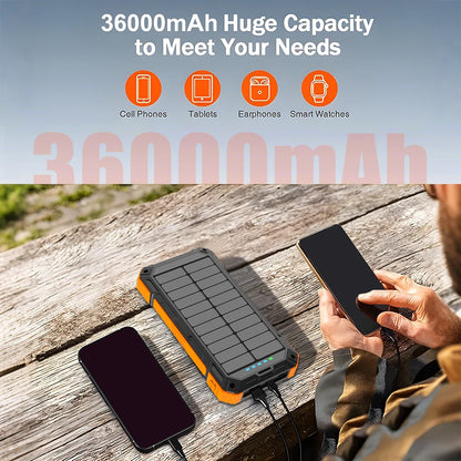 36000mAh Solar Power Bank, Wireless Charging, 4 Cables, Flashlight