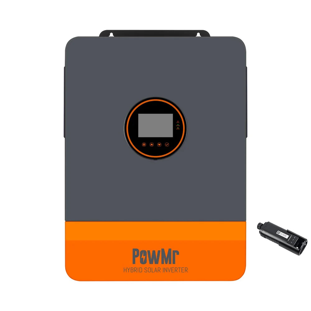 Front view of PowMr hybrid solar inverter with small plug-in communication accessory shown beside unit