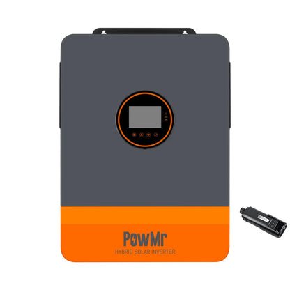 Front view of PowMr hybrid solar inverter with small plug-in communication accessory shown beside unit