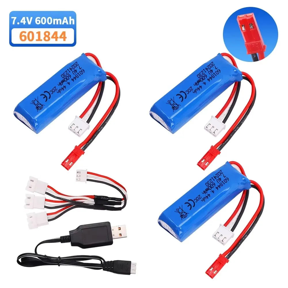 601844 7.4V 600mAh 2S Lipo Battery, 7.4V 600mAh 2S LiPo battery (model 601844) with JST plug, USB charger, and connectors for WLtoys K969, K979, K989, K999, P929, P939 RC cars.