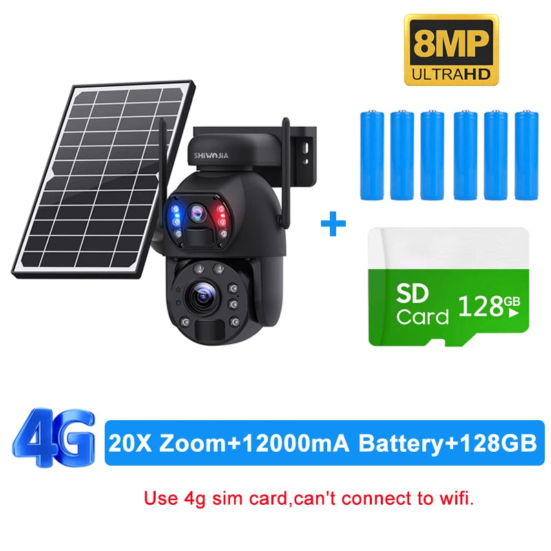 SHIWOJIA 4K 8MP 4G Solar Camera, 8MP ULTRAHD Shivojia SD card 12898 4G 20X