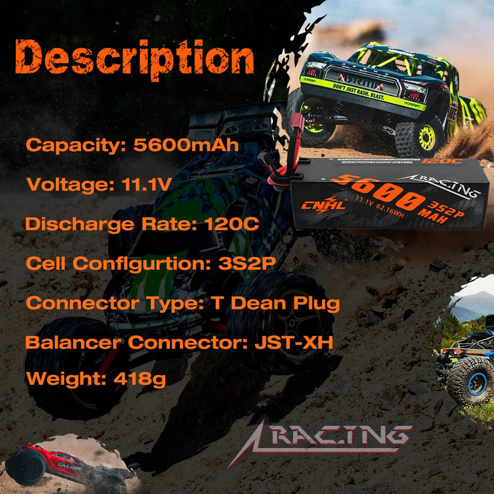 CNHL 3S/4S LiPo Battery, CNHL 5600mAh 11.1V 120C LiPo battery, 3S2P, T Dean plug, JST-XH balancer, 418g, hard case, for RC vehicles.