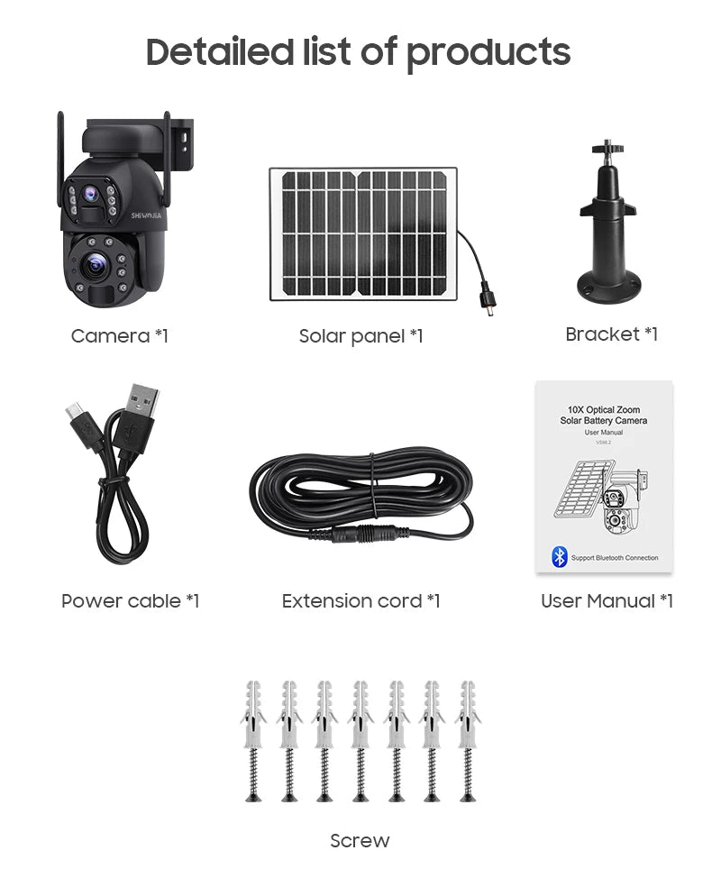 SHIWOJIA 4K 8MP 4G Solar Camera, High-tech camera with 4K, 8MP, and waterproof features for outdoor use.