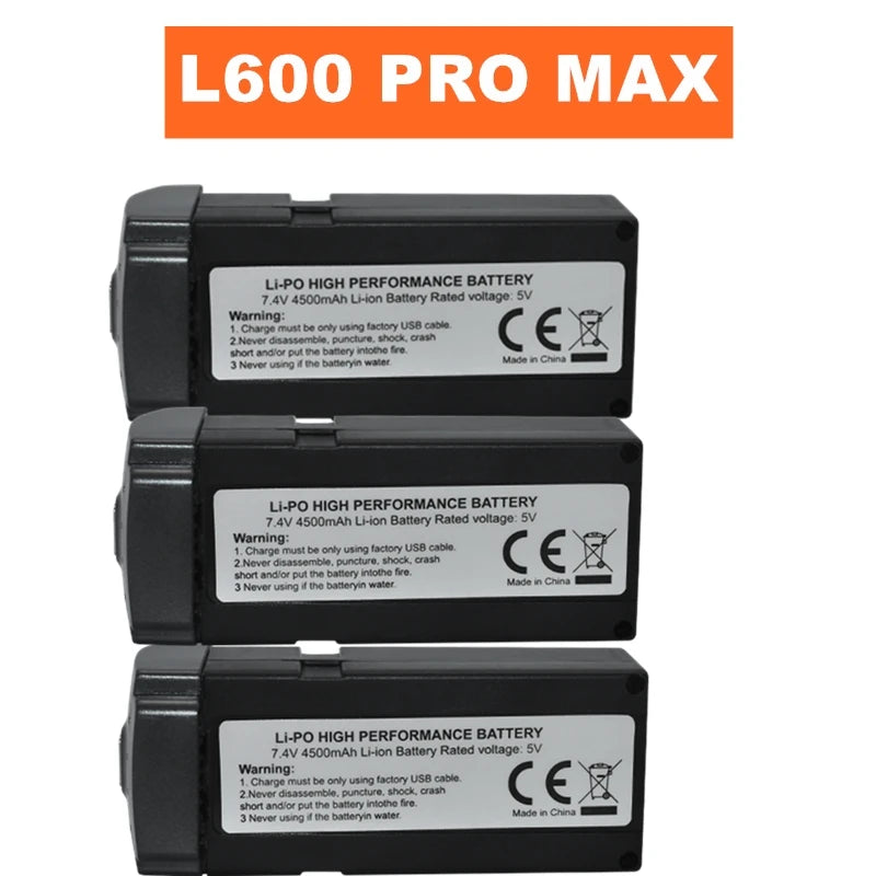 L600 PRO MAX 7.4V 4500mAh Li-Po battery, high performance, 5V output. Use factory USB cable. Avoid damage, fire, water. CE certified. Made in China.