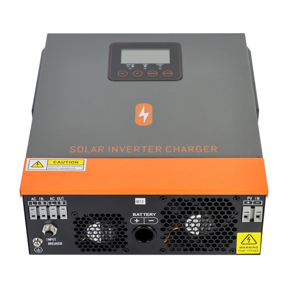 PowMr off-grid hybrid solar inverter charger with LCD panel and AC/battery/PV terminals on front