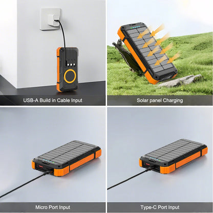36000mAh Solar Power Bank, A solar power bank with 15W wireless charging, built-in cables, and dual LED flashlight features.