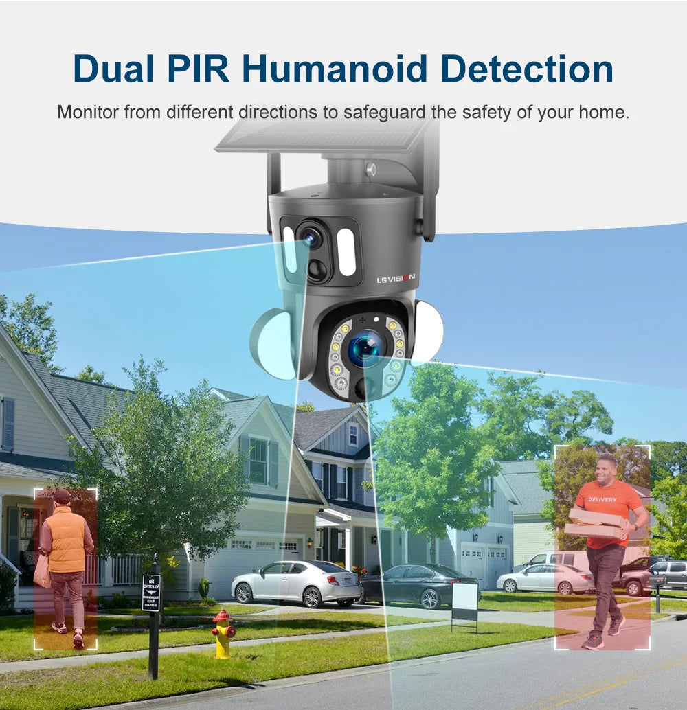 LS VISION 4K Solar Camera, Dual PIR sensors detect humans from multiple angles for enhanced home security.