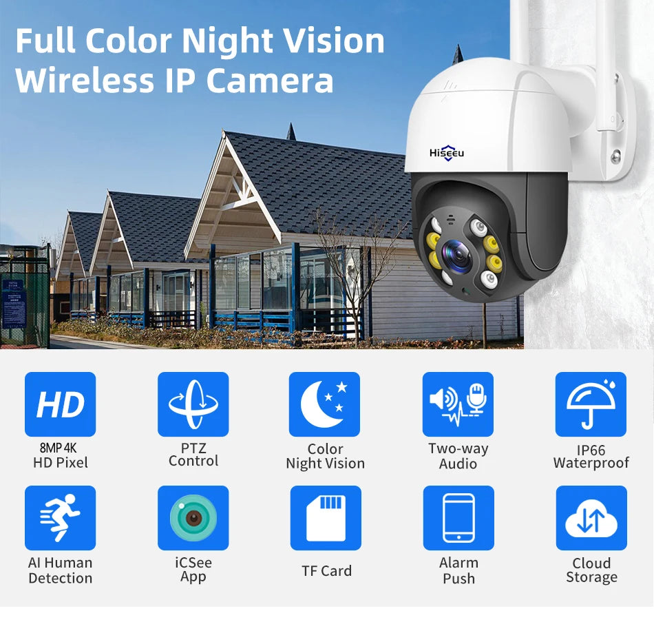 Hiseeu 4K 8MP Smart Wifi PTZ Camera, Wireless high-definition IP camera with night vision and two-way audio for secure home monitoring.