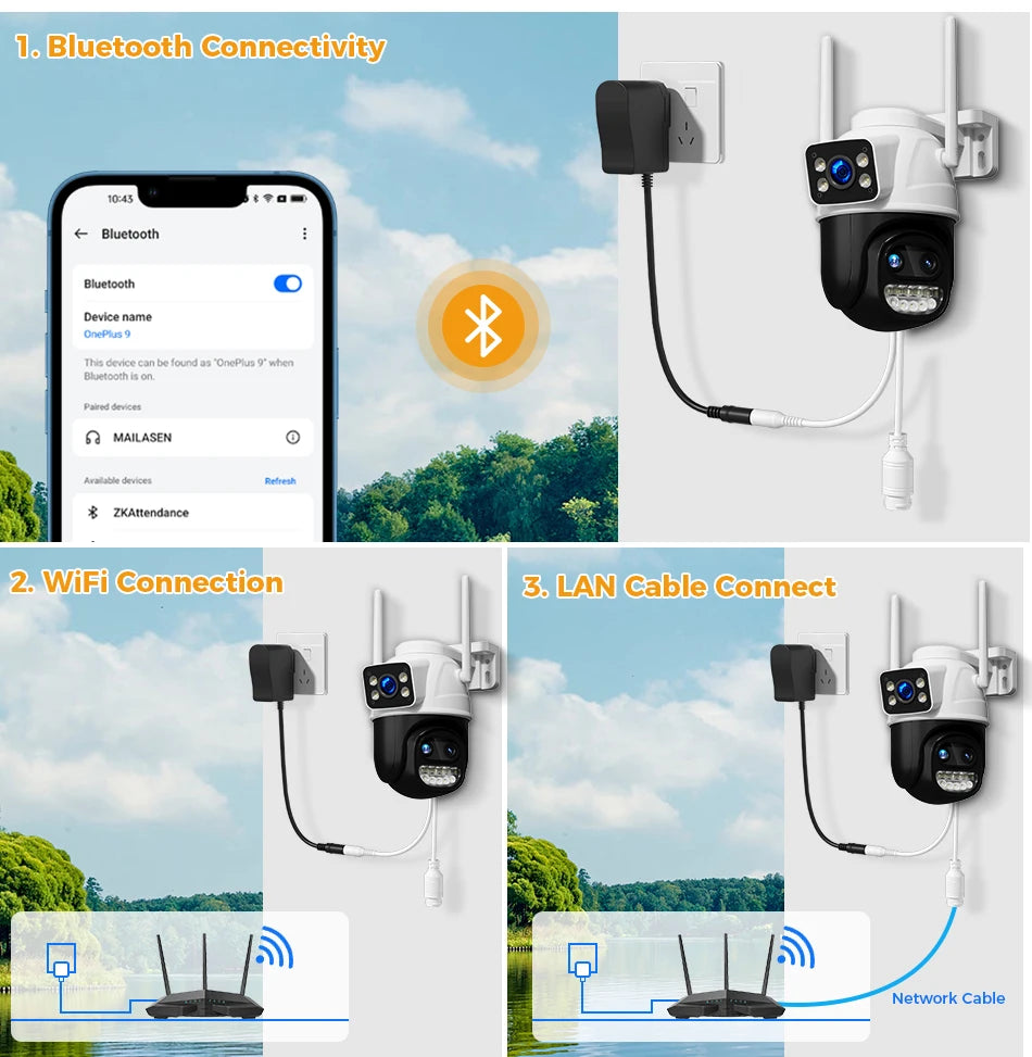 Hiseeu 9MP Camera, Seamless connectivity options: Bluetooth, Wi-Fi, LAN, or network cable for stable performance and clear audio.