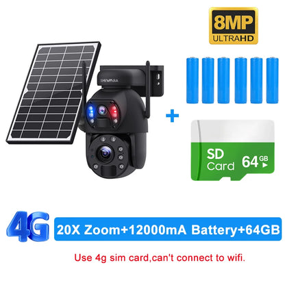 SHIWOJIA 4K 8MP 4G Solar Camera, 8MP ULTRAHD Shivojia SD card 6498 4G 20X Zoom