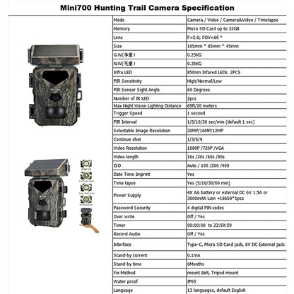 This camera features 20MP resolution, 1080P video, and solar power. It has infra-red LEDs for night vision, PIR sensor, and various settings.