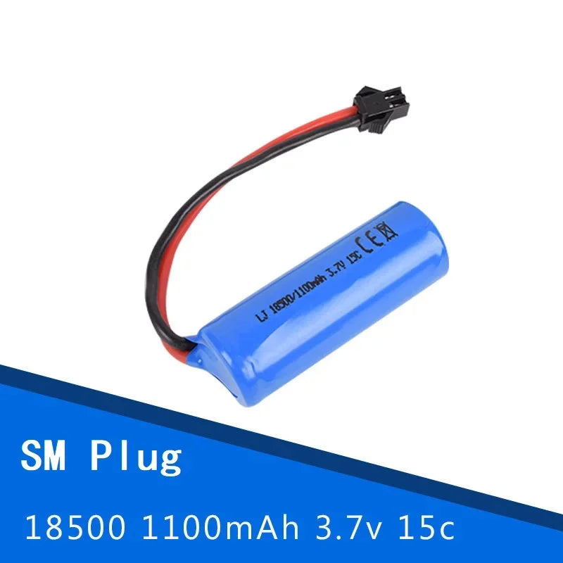 3.7V 1100mAh 18500 Li-Ion Battery, 1100mAh 3.7V Li-ion battery, blue casing, SM plug, 15C discharge rate, compatible with RC helicopters and boats. (22 words)