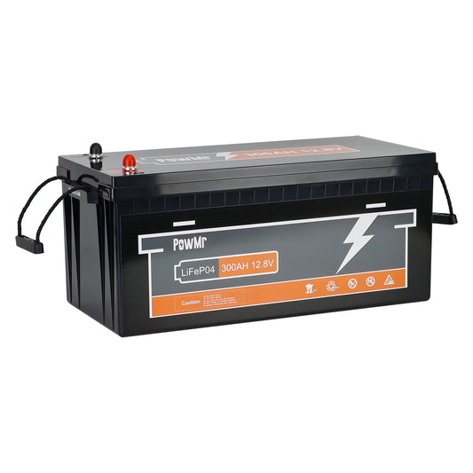 PowMr POW-300AH-12.8V 12V 300Ah LiFePO4 battery, angled view with terminals and carry handles