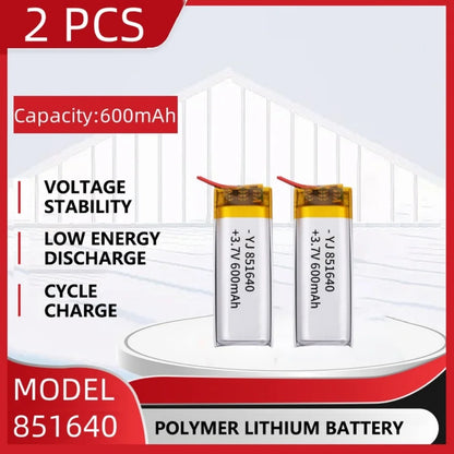 3.7V 600mAh LiPo Rechargeable Battery, Two 3.7V 600mAh LiPo batteries (model 851640), offering voltage stability, low energy discharge, and reliable cycle charging performance.