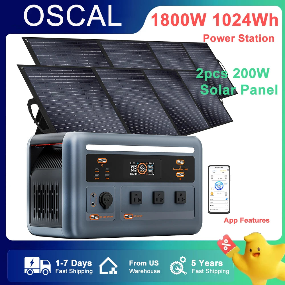 OSCAL PowerMax1800 Portable Power Station, OSCAL 1800W portable power station with 1024Wh capacity, includes two 200W solar panels, app control, fast shipping, and a 5-year warranty.