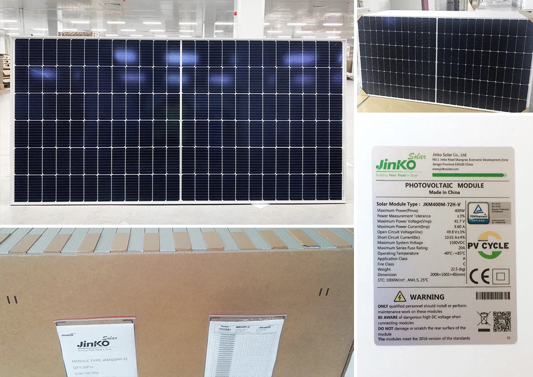 Jinko Wholesale Solar Panel, JKMAOOM-72H-V, made in China with specs: 25V, 10.614445A.