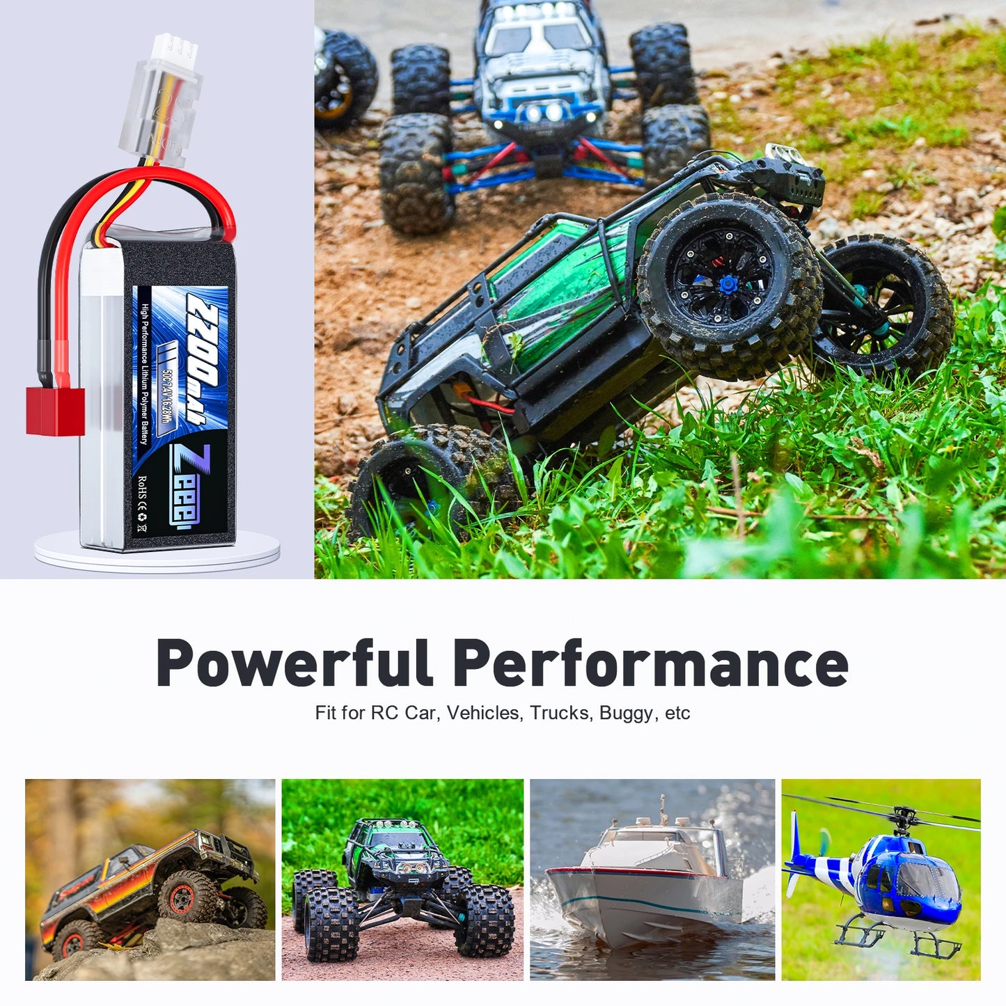 Zeee 2S 2200mAh Shorty RC Lipo Battery, Zeee 2S 2200mAh 7.4V 50C LiPo battery pack with T/XT60 plug, soft case; ideal for high-performance RC vehicles like cars, boats, and helicopters.