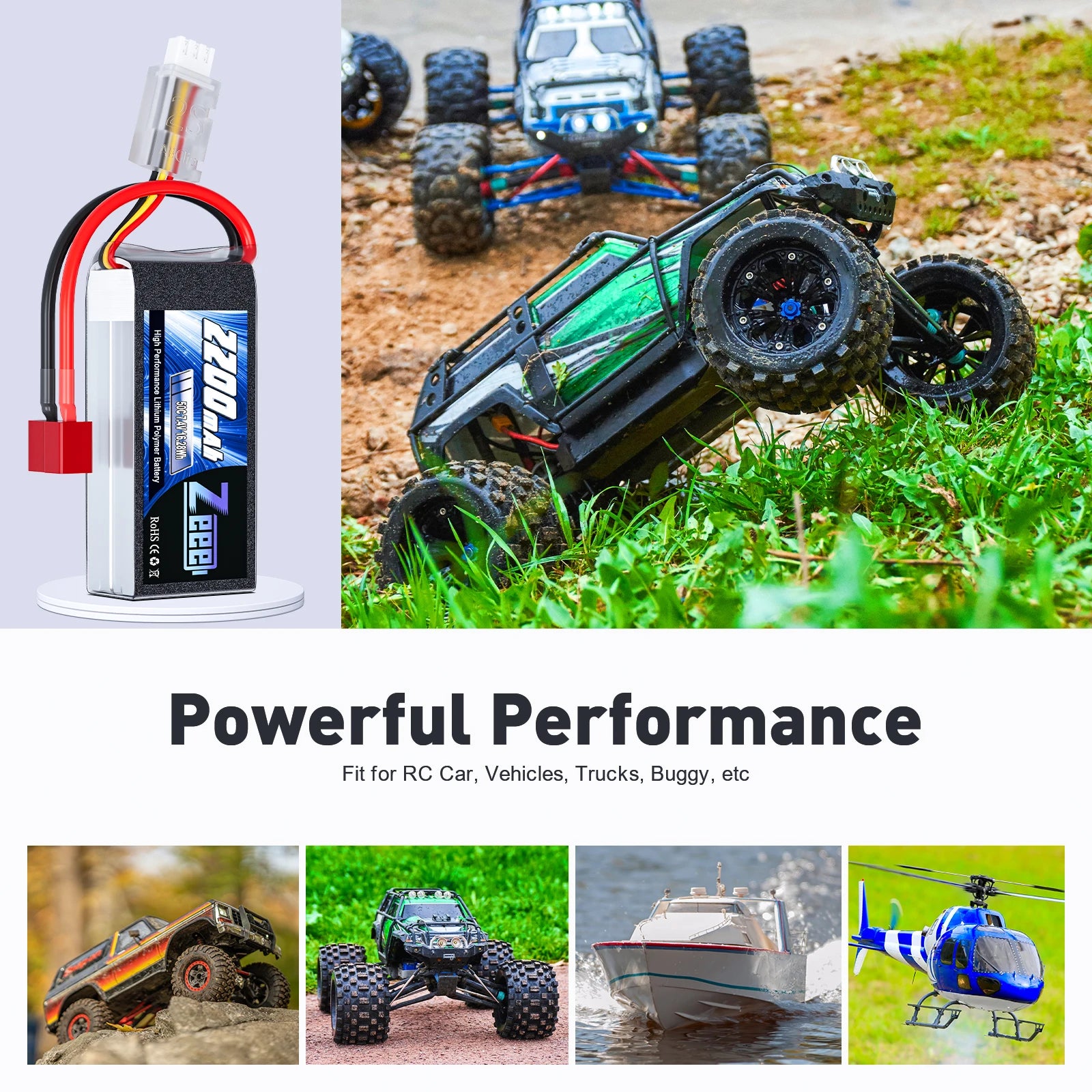 Zeee 2S 2200mAh Shorty RC Lipo Battery, Zeee 2S 2200mAh 7.4V 50C LiPo battery pack with T/XT60 plug, soft case; ideal for high-performance RC vehicles like cars, boats, and helicopters.