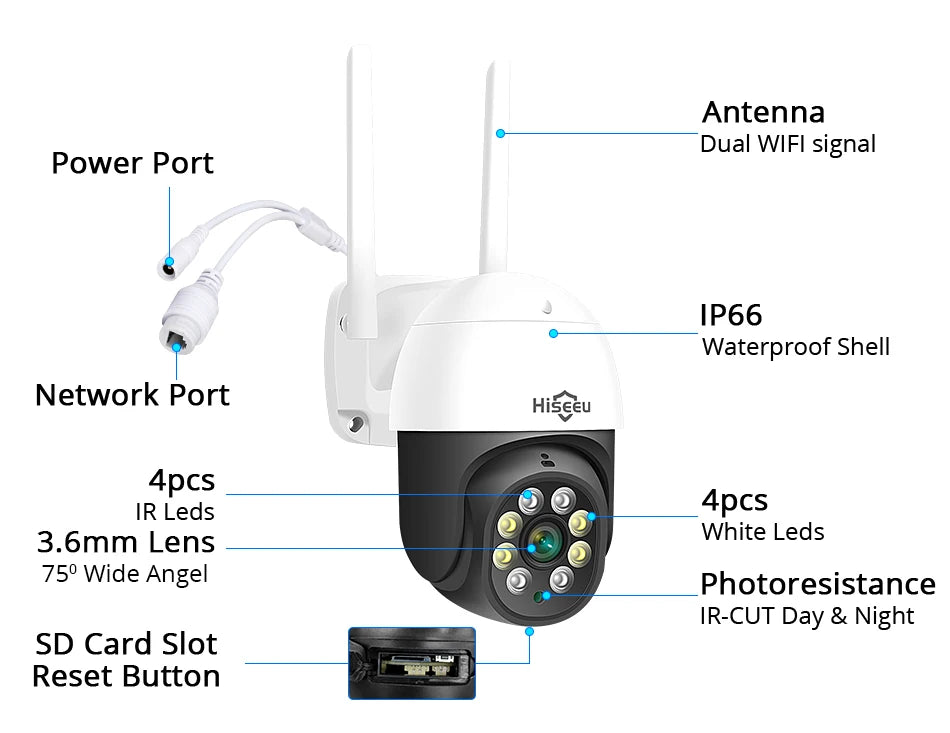 Hiseeu 4K 8MP Smart Wifi PTZ Camera, Waterproof smart camera with dual Wi-Fi, IR LEDs, and wide-angle lens for day/night use.