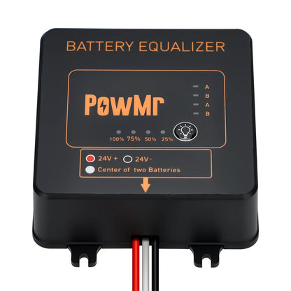 PowMr Battery Balancer battery equalizer top view with LED status scale and wiring labels