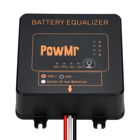 PowMr Battery Balancer battery equalizer top view with LED status scale and wiring labels