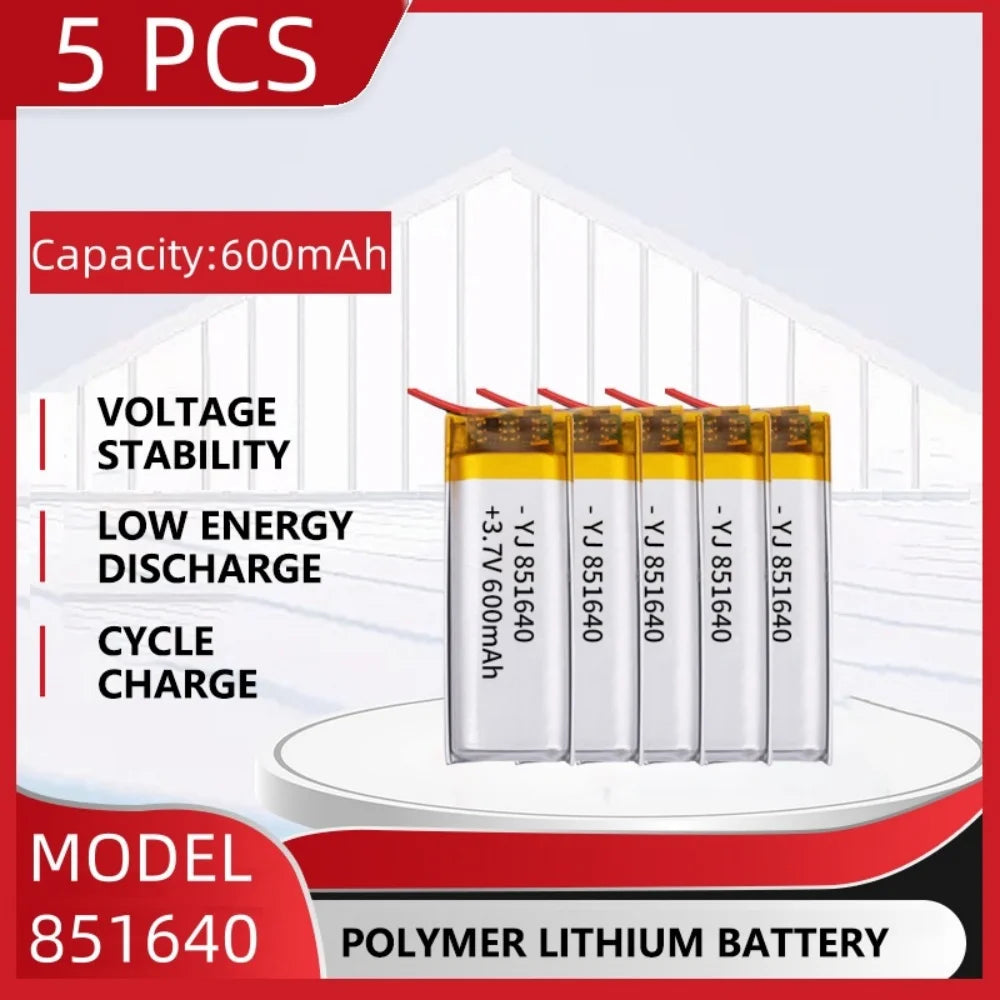 3.7V 600mAh LiPo Rechargeable Battery, 5-pack 3.7V 600mAh LiPo batteries (Model 851640) offer voltage stability, low energy discharge, and reliable cycle charging performance.