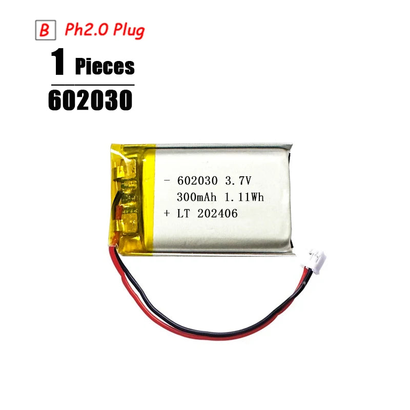 L7ADFJ 3.7V Lipo Battery, 3.7V 300mAh Li-Polymer battery, PH2.0 plug, includes protection board, CE/RoHS/KC certified, single piece, suitable for small electronic devices.