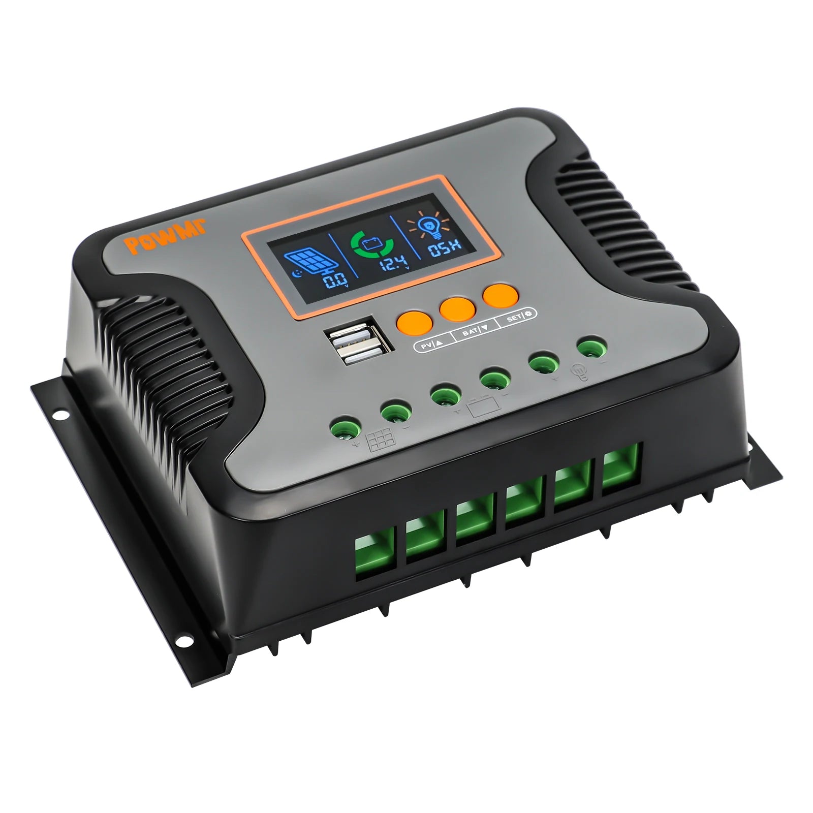 PowMr Pstar-80A PWM solar charge controller with LCD display, control buttons, dual USB ports, and green terminals