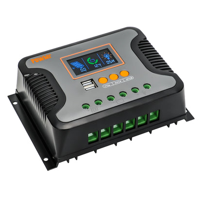 PowMr Pstar-80A PWM solar charge controller with LCD display, control buttons, dual USB ports, and green terminals