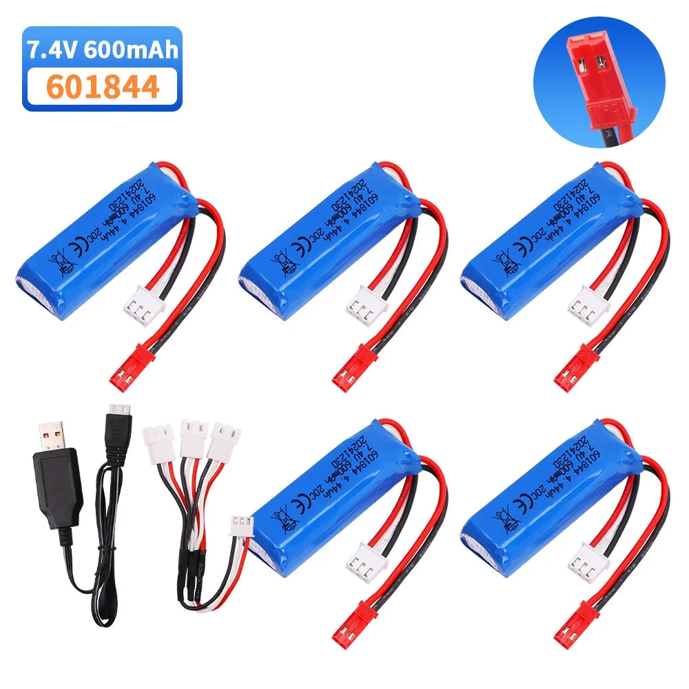 601844 7.4V 600mAh 2S Lipo Battery, 7.4V 600mAh LiPo battery (model 601844) with JST plug and USB charger, fits WLtoys RC cars; set includes 1–5 units.