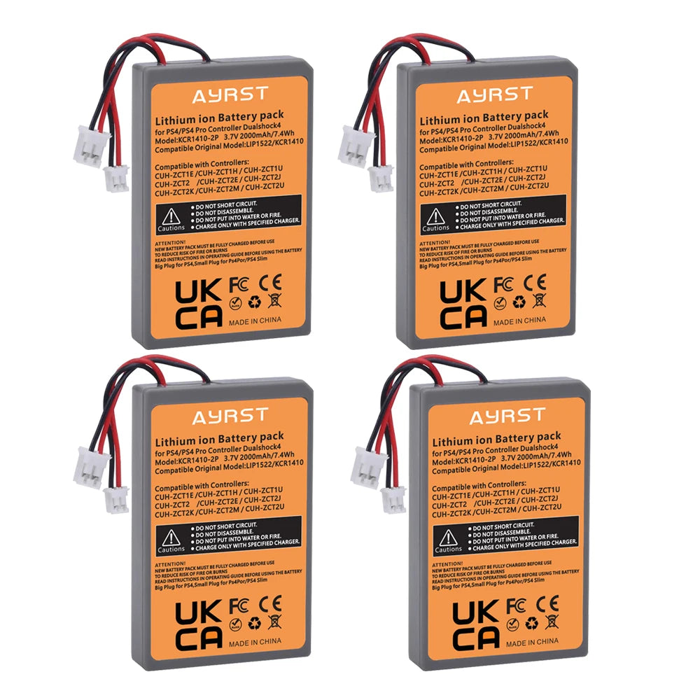 Sony PS4 DualShock 4 V1/V2 Replacement Battery, AYRST 2000mAh lithium-ion battery packs for PS4 controllers; compatible with DualShock 4, includes safety info, certifications, charging instructions. Made in China.