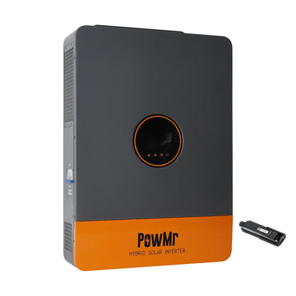 PowMr hybrid solar inverter with plug-in monitoring module accessory shown beside unit
