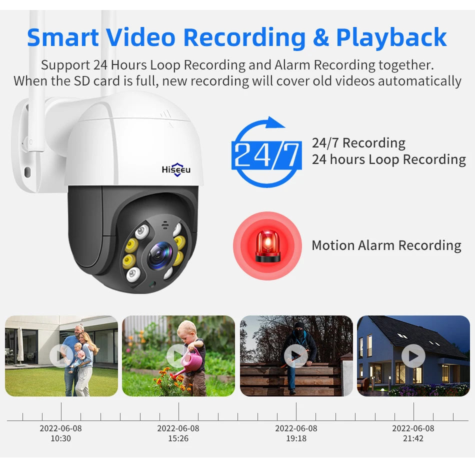 Hiseeu 4K 8MP Smart Wifi PTZ Camera, Continuous video recording with motion detection and alarm recording, with automatic overwrite when SD card is full.