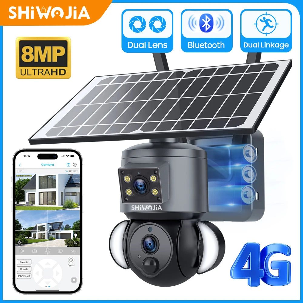 SHIWOJIA 4K 8MP Solar Camera, SHiWq JiA Dual Lens Bluetooth Dual Linkage 8MP ULTRAHD 10