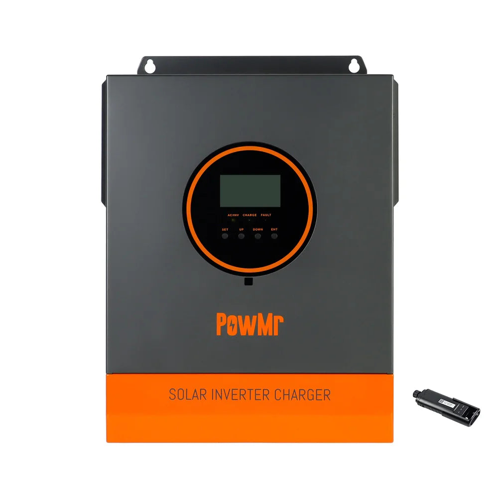 Front view of PowMr solar inverter charger with LCD control panel, includes USB WiFi module accessory