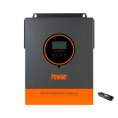 Front view of PowMr solar inverter charger with LCD control panel, includes USB WiFi module accessory