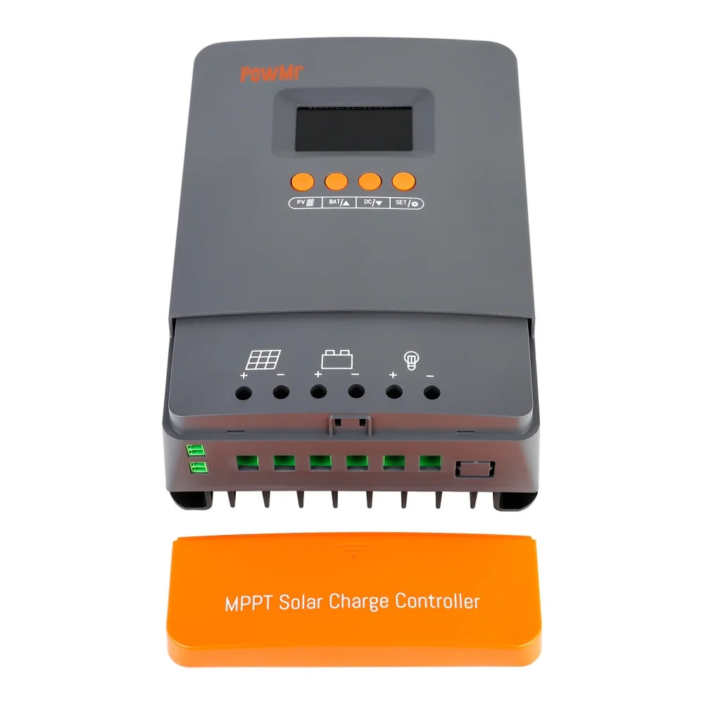 Front view of PowMr MPPT solar charge controller with wiring terminal ports and orange cover removed