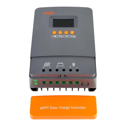 Front view of PowMr MPPT solar charge controller with wiring terminal ports and orange cover removed