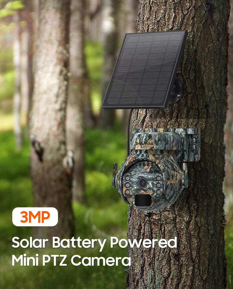 SHIWOJIA 3MP 4G Solar Camera, Miniature solar-powered PTZ camera for outdoor monitoring with wireless connectivity and 3MP resolution.