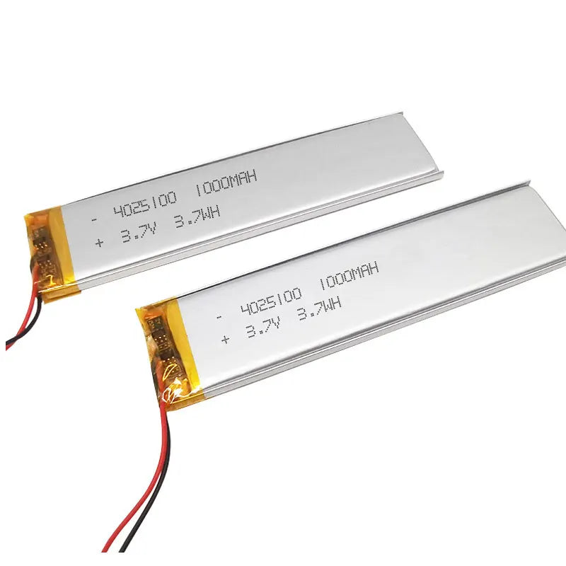 4025100 3.7V 1000mAh Lithium Polymer Battery, 3.7V 1000mAh Li-poly battery, 4025100 size, PH-2.0P plug, fits Bluetooth recorder, e-book, LED lights; dimensions: 4x25x100mm.