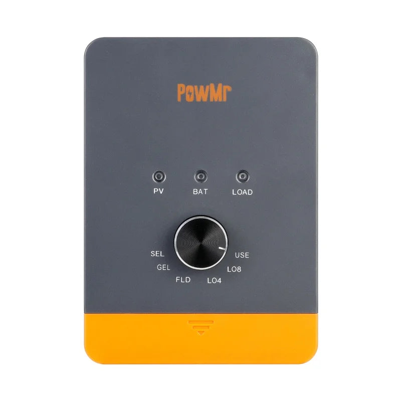 PowMr POW-RV1225-35-45A 45A MPPT solar charge controller front panel with control knob and PV/BAT/LOAD LEDs