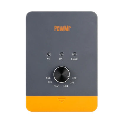 PowMr POW-RV1225-35-45A 45A MPPT solar charge controller front panel with control knob and PV/BAT/LOAD LEDs