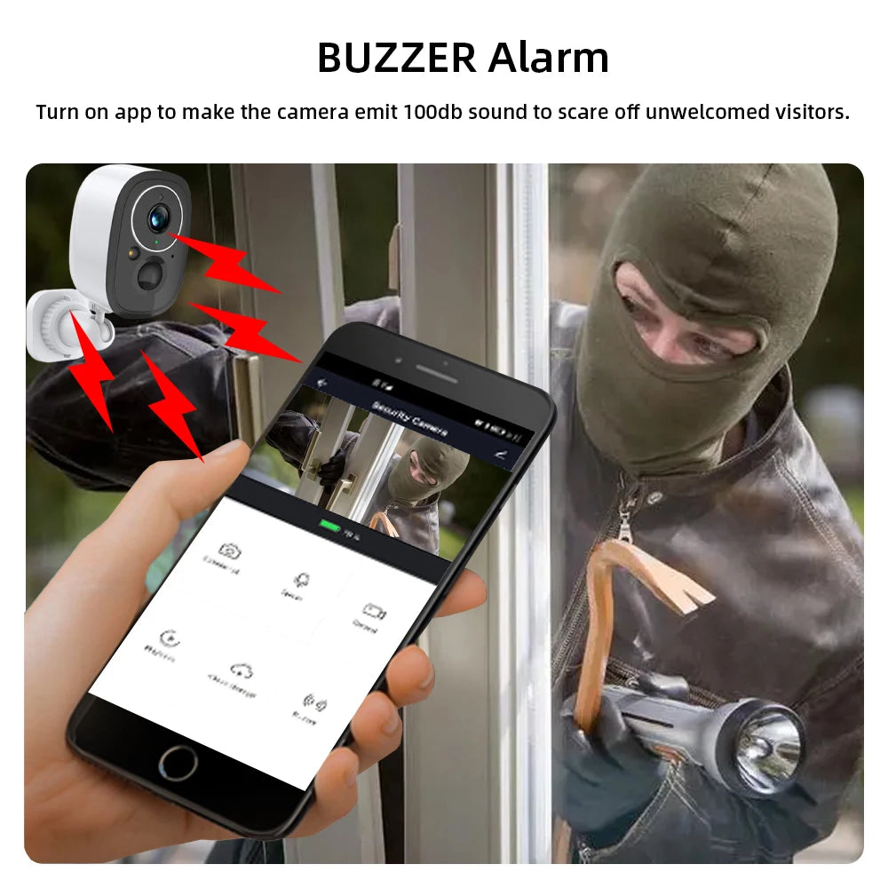 Hkixdiste 5MP Solar Camera, BUZZER Alarm Turn on app to make camera emit 1OOdb sound to