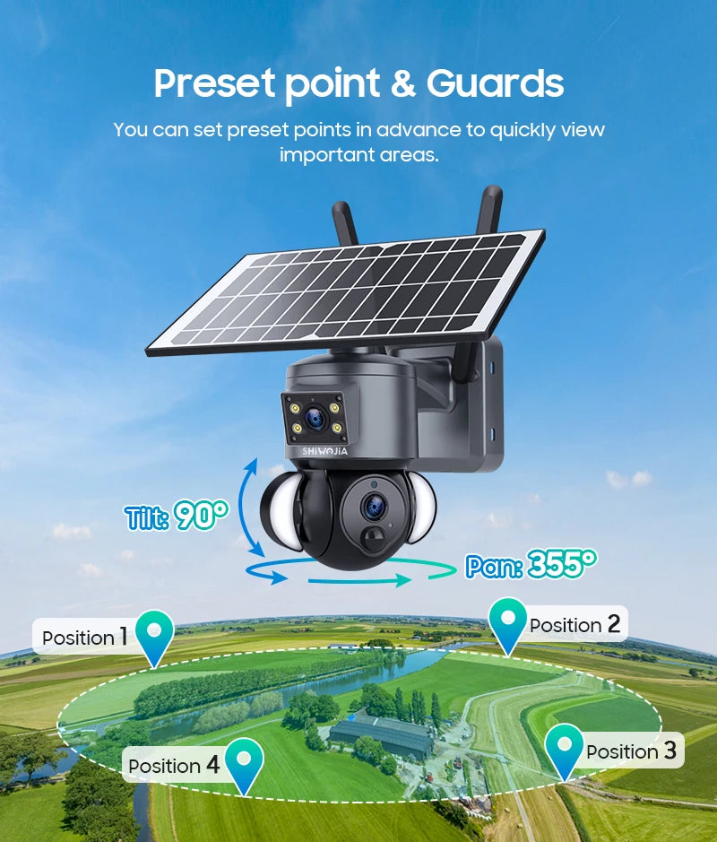 SHIWOJIA 4K 8MP Solar Camera, Set preset points in advance to quickly monitor specific areas, such as positions 1-4.