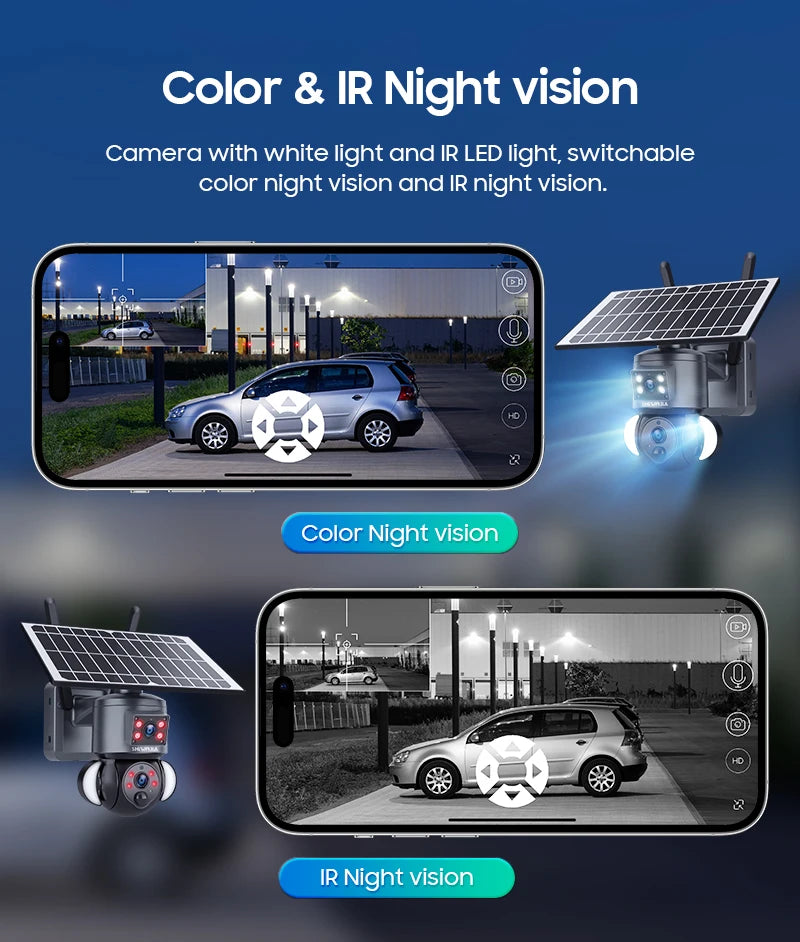 SHIWOJIA 4K 8MP Solar Camera, Night vision features with color, infrared, and adjustable lighting modes for varying environments.