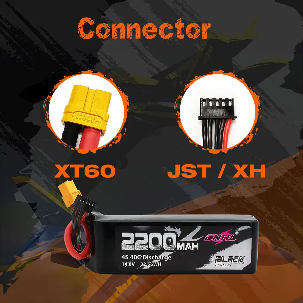 2PCS CNHL 3S 11.1V Lipo Battery, CNHL 2200mAh 4S 40C LiPo battery with XT60 and JST/XH connectors, ideal for high-performance RC vehicles requiring reliable power and balanced charging.