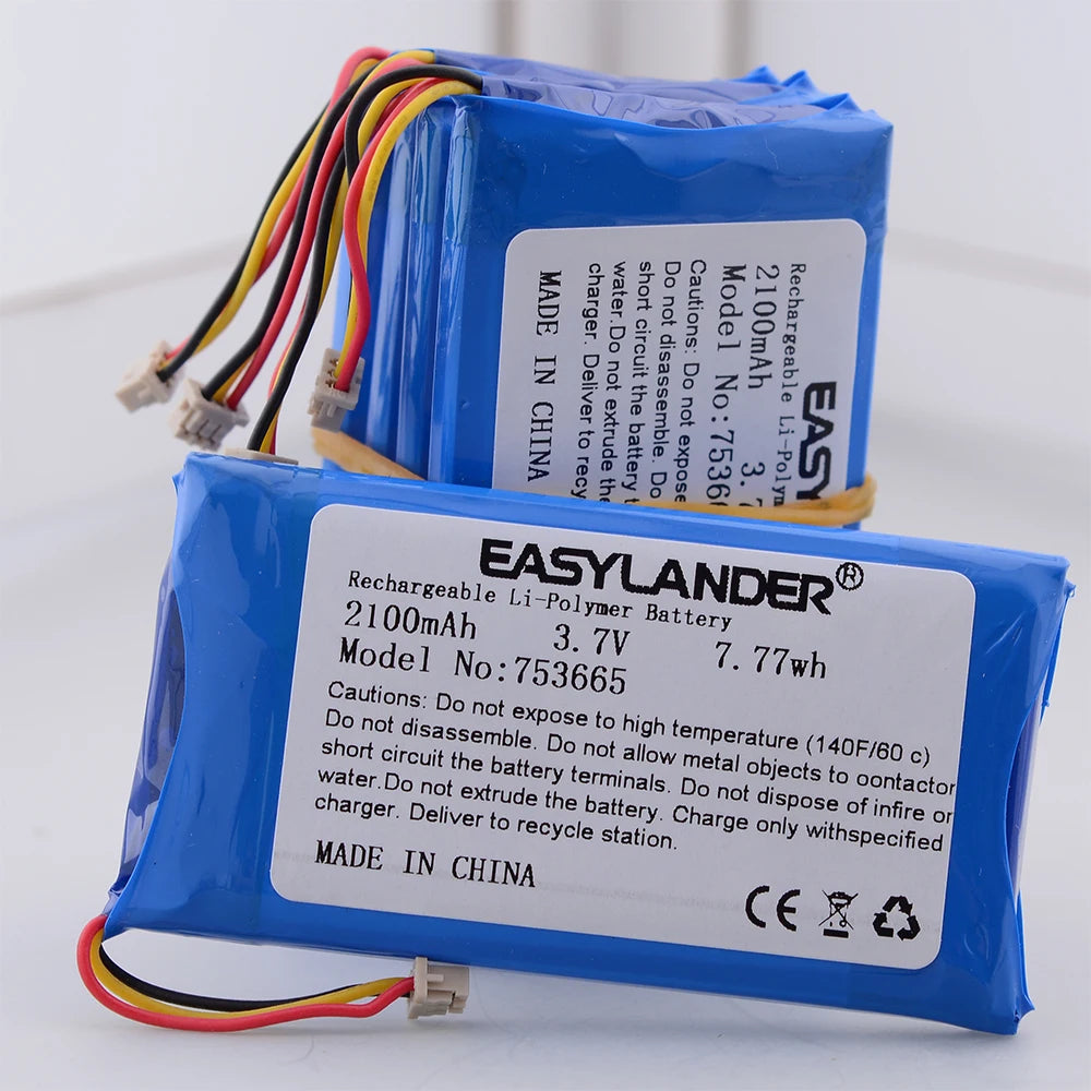 Easylander 753665 3.7V 2100mAh Li-Polymer battery, 7.77Wh, 3-pin plug. Avoid heat, water, fire, metal contact, disassembly. Use specified charger. Recycle. CE marked. Made in China.