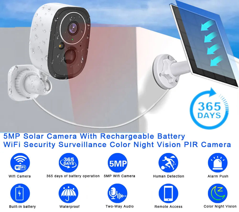 Hkixdiste 5MP Solar Camera, 365 DAYS S5MP Solar Camera With Rechargeable Battery WiFi Security Surve